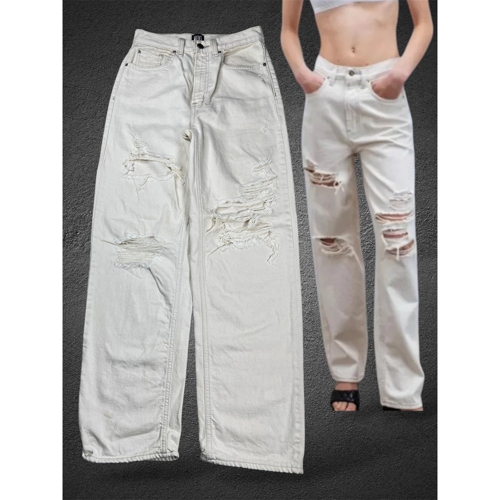 BDG Urban Outfitters High Rise Baggy Distressed Jeans Ecru Off White Size 26